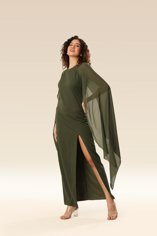 Leafy Elegance Side Slit Ensemble Dress