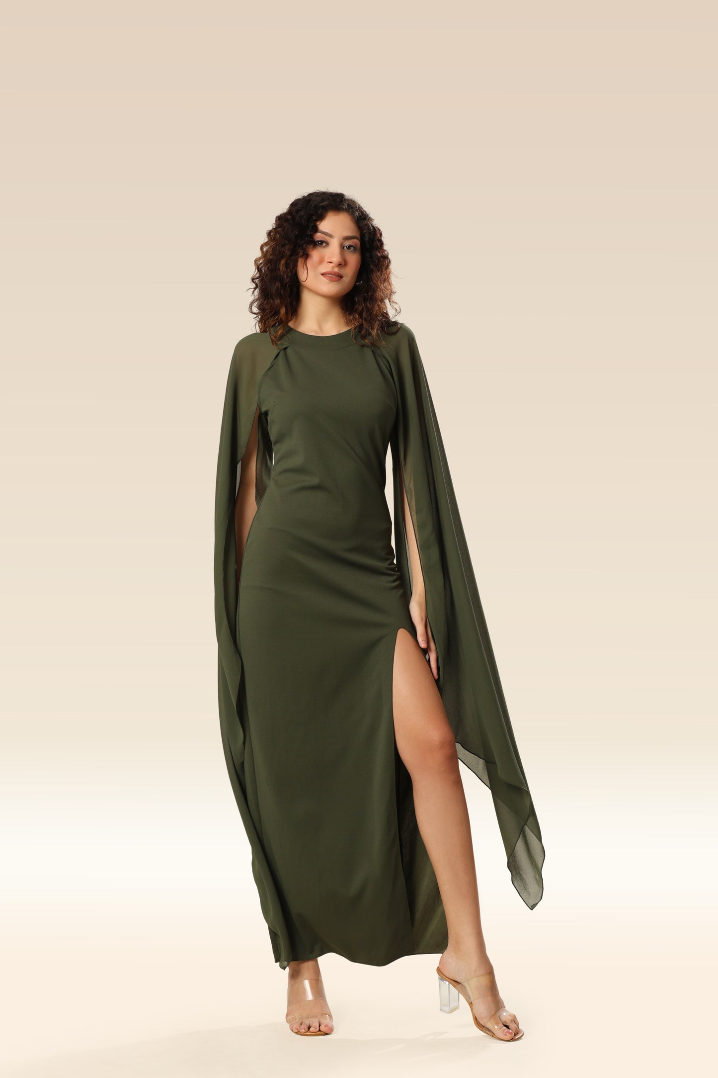 Leafy Elegance Side Slit Ensemble Dress