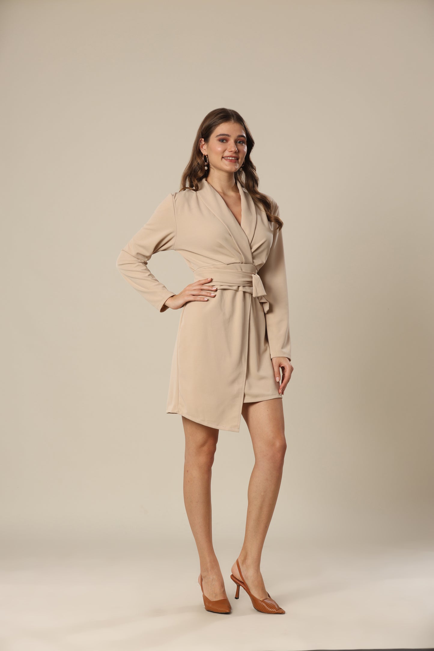 Urban Drapes Beige Waist-Tie Dress