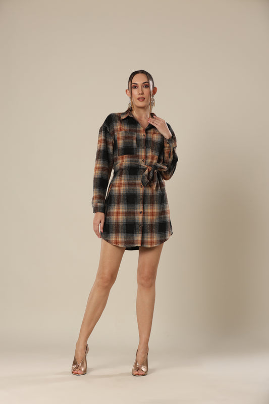 Chic Checkered Chest Shirt Dress