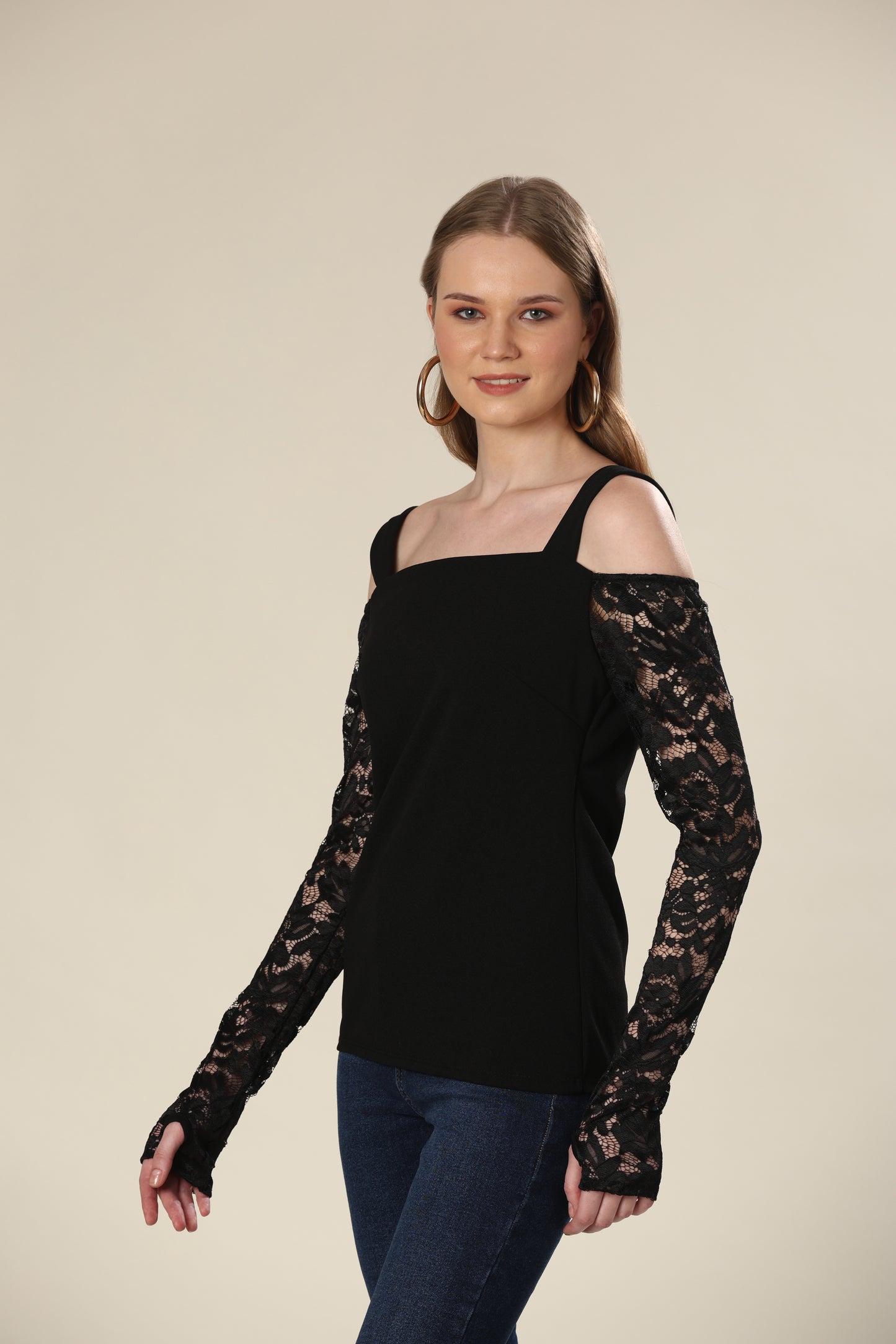 Sheer Lace Sleeve Fitted Top