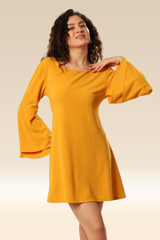 Sunflower Symphony Interlocking Straps & Bell Sleeve Dress